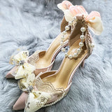 Mqtime Original Bride Vintage Lolita Flower Wedding High Heels Tea Party Flower Pointed Bow Tie Women's Shoes Wedding Shoes