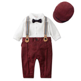 MQTIME  -  Baby Boys Gentleman Suit Formal 1st Birthday Newborn Outfit One-piece Jumpsuit+Beret+Bowtie+Suspender Toddler Clothes
