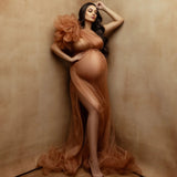 MQTIME  -  Sexy Brown Evening Dresses for Pregnant Women One Shoulder Maternity Photoshoot Robes See Thru Floor Length Baby Shower Gowns