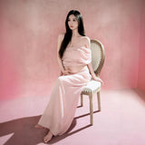  MQTIME  -  Summer Maternity Photoshoot Dress Elegant Pink 2 Piece Outfit Top and Long Skirt for Pregnant Women Baby Shower Home Studio