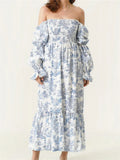  MQTIME  -  Woman Vintage Floral Dress Puff Long Sleeve Off Shoulder Ruffle Long Dress Spring Fall Casual Vintage Bohemian Dresses