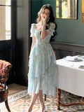 MQTIME  -   Summer Elegant Party Dress Lady puff Sleeve Beach Dress Woman Vintage square Floral One Piece cake Dress