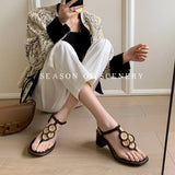 MQTIME  -  2024 Summer Sandals natural Leather 22-24.5cm sheepskin+sheep suede+Pigskin t-buckle flower Mary Jane thick heel Women's Shoes