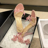 MQTIME  -  Luxury Bowknot Super High Heel Ankle Strap Sandals Women Summer Sexy Cross Strap Stilettos Sandals Woman Pink Wedding Shoes