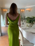  MQTIME  -  Chic Satin Slip Long Dress For Women Cowl-neck Sleeveless Side Split Hip Package Robe Summer Elegant Female Party Dresses