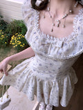 MQTIME  -  New Fairy French Lace Edge Square Collar Sleeveless Dress Y2k Sweet Korean Print Slim Waist Clothes Summer Preppy Style Dress