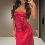 MQTIME  -  Sexy Women Backless Solid Long Dress Fashion Sleeveless High Waist Slim A-line Dress Elegant Sequin Hollow Suspenders Dress
