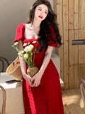 MQTIME  -  Summer New Dot Print Women Slim Red Dress French Vintage A-line Lady Clothes For Eve Prom Casual Short Sleeve Fiesta Maxi
