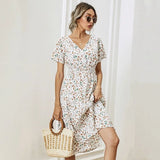 Mqtime -women's Floral Print Dress, Shirred Waist, Flared Hem Dress, Summer Holiday, Short Sleeve, V-neck, A-line Long Dress