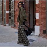  MQTIME  -  Fashion Grid Printed Long Pants For Women Elegant High Waist Wide Leg Trousers 2026 Spring New Street Lady Casual Baggy Pants
