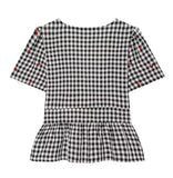 MQTIME  -  Deep V Neck Puff Short Sleeve Shirt Women Black White Plaid Cherry Embroidery Chiffon Crop Blouse  Ladies Holiday Outfit New