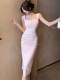 MQTIME  -  2024 Pink Bodycon Hip Wrap Dress Summer White Pleated Square Collar Sling Long Dress 2024 Black Elegant Sexy Club Evening Dress