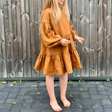  MQTIME  -  Chic Back Button-Up Lantern Sleeve Dress Baby Girl Autumn New Ruffled Splicing Princess Dresses Loose Cotton And Linen Dresses