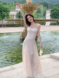 MQTIME  -  Summer Diamond Woven Spliced Mesh Dress Women Elegant Slim A-line Sleeveless Sweet Beige Party Dresses Ladies Casual Long Robe