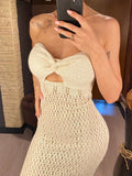 MQTIME  -  Sexy Strapless Bandeau Dress Hollow Out Crochet Knitted Tunic Beach Cover Up Cover-ups Beach Dress Beachwear Women DV5321B
