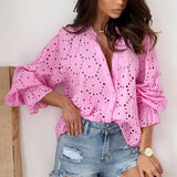 MQTIME  -  Boho Blouses Button Down Hollow Out Hippie Tops Embroidery Design Long-sleeved Shirts Femme Chic Rose Pink Tops
