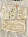 MQTIME  -  Summer Floral Tee-Piece Set Sweet ort Sve Long Pants Spwear Women Thin Cardigan Home Clothes plus Size Cotton Fabric