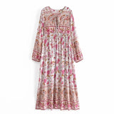 MQTIME  -  Boho Dress Long-sleeved Floral Printing Maxi Vestidos Loose Fit Holiday Style Beach Dress Rayon Hippie Ethnic Dresses
