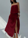 MQTIME  -  Summer fashion casual new pleated design slit dress beach vacation style backless strapless temperament dress