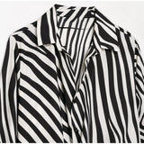 MQTIME  -  Fashion Minimal Zebra Print Leisure Blouse Classic V Neck Fluffy White Feather Cuffs Top Women Autumn City Casual Walk Blouse
