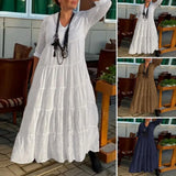  MQTIME  -  Women Maxi Dress Elegant V-neck Maxi Dress with Ruffle Stitching Pleated Hem for Women Solid Color Long Sleeve Summer Vacation