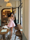 MQTIME  -  Elegant Solid Color Off-shoulder Mini Dress Women Fashion One Shoulder Pleated Short Dresses Summer New Daily Dating Gowns