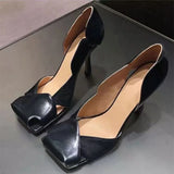 MQTIME  -  Vintage Square toe Patchwork Hollow out Women Pumps Spring Summer Fashion Patent Leather Slip-on Thin High heels Party Shoes