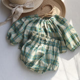 MQTIME  -  Summer Baby Clothes Set Vintage Style Green Big Plaid Baby Girl Suit Toddler Blouse and Bloomer 2 Pcs