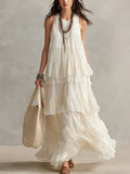 MQTIME  -  Sleeveless Tiered Ruffle Maxi Dress Round Neck Crinkle Flowy Loose Bohemian Casual Layered Swing Dress for Summer Women