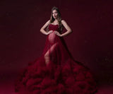 MQTIME  -  Red Tulle Maternity Dress for Photoshoot Off Shoulder Pregnancy Gown Christmas Fluffy Ruffled Robe Vestido Para Grávida