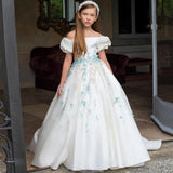 MQTIME  -  Luxury White Girl Dress 3D Flowers Satin Princess Dubai Kids Wedding Birthday Communion Party Elegant Gown 2024 J295