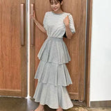 MQTIME  -  Korean Style Summer Women's Dress Lady Stretchy Tiered Dress for Travel Female Ruffled Hem Knitted Midi Dress Sweet Cake Dresses