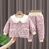 MQTIME  -  Baby Girls Cotton-Padded Jacket Set Winter Thick Warm Floral Print Quilted Coat+ Pants 2 Piece Set Cute Kids Casual Clothes