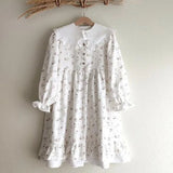  MQTIME  -  Autumn New Girls Long Sleeve Floral Dress Cotton Baby Girl Lace Peter Pan Collar Princess Dress Children Casual Dress