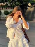 MQTIME  -  Women Fashion White Ruffles Lace Up Mini Skirt Suits Elegant V Neck Long Sleeves Top Short Skirts Set Summer Lady Street Outfits