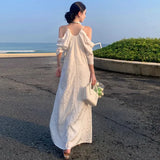 MQTIME  -  Hanging Neck Off Shoulder Dress, Women'S White Jacquard Design, Unique And Beautiful Temperament, Seaside Vacation Long Dress