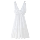 Mqtime Elegant V Neck Lace Up Ruffle High Waist Summer Party платье женское Sexy Backless A-Line Boho White Midi Dress Vestidos