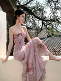 MQTIME  -  Woman Dress Sexy Elegant Sleeveless Floral Printed Spring Fashion Irregular Ruffles Holiday Hollow Out Backless Dresses