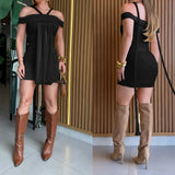 ﻿ MQTIME  -  Street Women Slash Neck Halter Ribbon Ruched Mini Dress 2025 Fall Evening Sexy Party Beach Vacation Dresses Vestidos