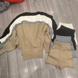 MQTIME  -  Autumn New Women's Knit Two Piece Set Solid Color Loose Long Sleeve Top High Waisted Shorts Chic Outfit
