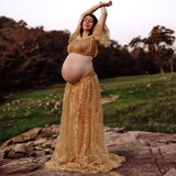 MQTIME  -  Golden Pearl Embroidered Hard Yarn  Two Piece Set Photo Shoot Photography Dress For Women Maternity Photography Dresses