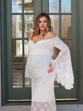  MQTIME  -  Maternity Off Shoulder Lace Maxi Dress Bell Sleeves Pregnant Long Gown Dresses For Photoshoot Baby Shower