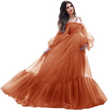 MQTIME  -  Puffy Sleeve Maternity Dress Tulle Robe With Underskirt for Photoshoot Off Shoulder Pregnancy Baby Shower Gown