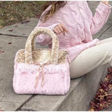 MQTIME  -  Sweet Utility Tote, Plush Deer Spot Bag With Lace Bow, Lolita Style Large Capacity Crossbody, Brown Pink Soft Shoulder Bag