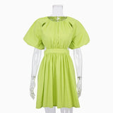 MQTIME  -  Green Puff Sleeve Elegant Woman Summer Shirt Dresses Female Zipper Fashion Spring Vintage Sexy Backless Casual Vestido  New