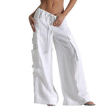 MQTIME  -  Women's Y2K Cargo Long Pants Solid Color Drawstring Elastic Low Waist Wide Leg Trousers with Multi Pockets Streetwear