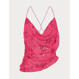 MQTIME  -  Women Summer Flower Embellished Sequin Beading Camisole Top Cowl Neck Thin Straps Open Back Asymmetrical Hem Vest