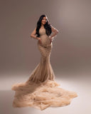  MQTIME  -  Luxury Crystals Mermaid Maternity Photoshoot Dresses Sheer Nude Tulle Maternity Dress Long Train Pregnancy Gown Babyshower Dress