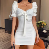 MQTIME  -  White Sexy Backless Lace Up Dress Women Puff Sleeve Slim Short Sleeve Dress Summer Cottagecore Solid Colors A Line Dresses