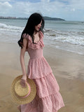 MQTIME  -  New French Sweet Pink Ruffles Beach Holiday Sleeveless Dress Women O-neck Slim Print Midi Tank Cake Long Dress Vestidos
